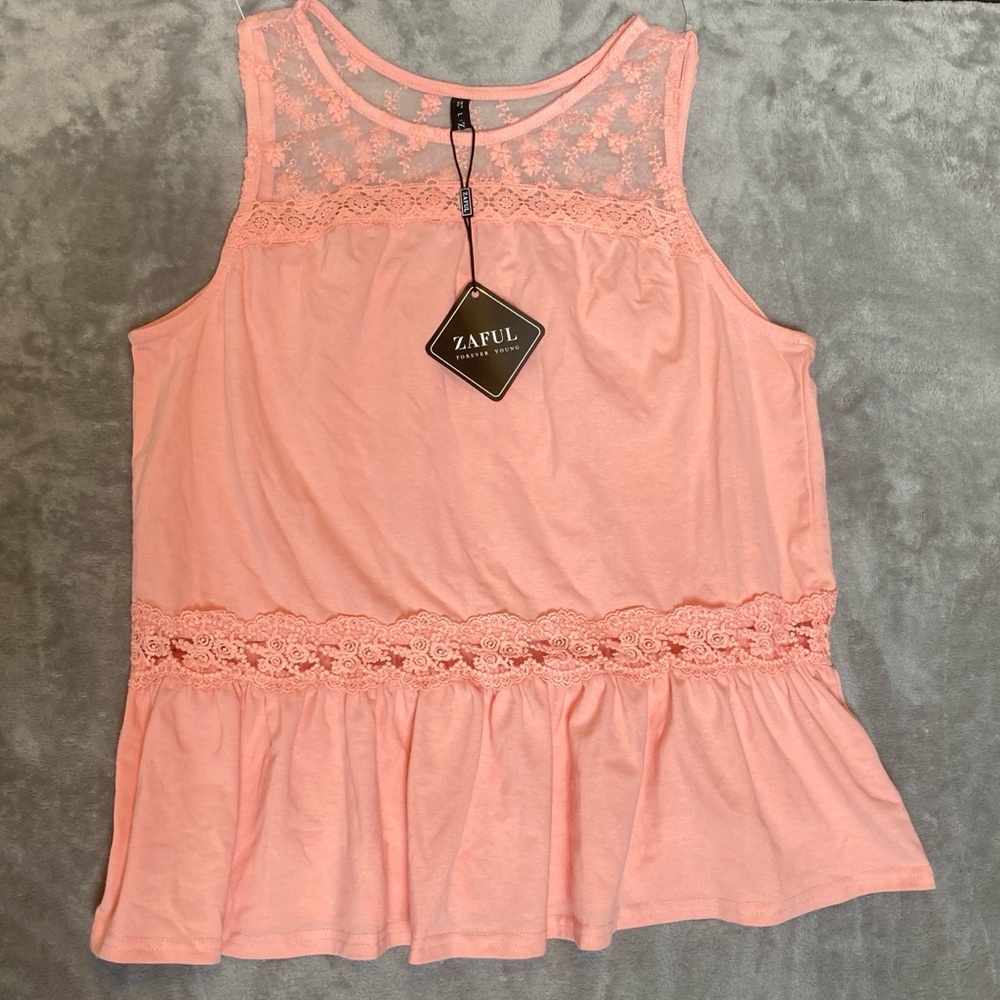Women’s Coral/Pink Lace Trim Sleeveless Peplum Top - Picture 2 of 13